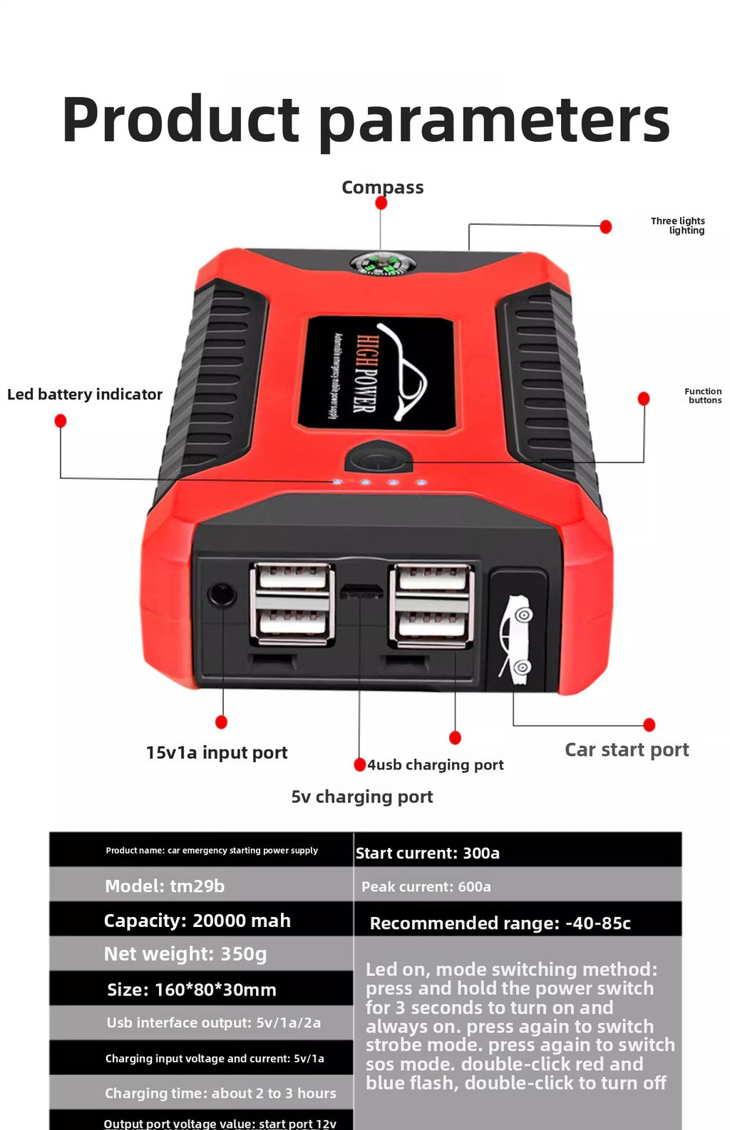 Car and Motorcycle Emergency Jump Starter Large Capacity Car Starter12v Jump Starter Electric Ignition Device Battery Power Bank