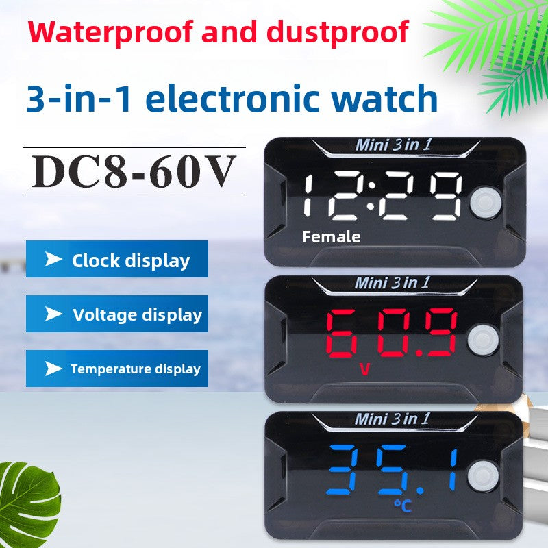 Waterproof Voltmeter Head Voltage Time Temperature Three-in-One Switch Electric Vehicle Battery Car Motorcycle Modification Accessories Time Voltage Temperature Switch-LCD Display Electric Motorcycle Universal
