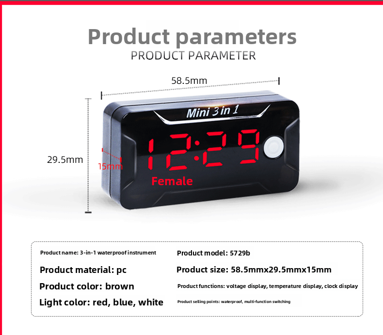 Waterproof Voltmeter Head Voltage Time Temperature Three-in-One Switch Electric Vehicle Battery Car Motorcycle Modification Accessories Time Voltage Temperature Switch-LCD Display Electric Motorcycle Universal