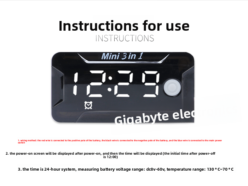 Waterproof Voltmeter Head Voltage Time Temperature Three-in-One Switch Electric Vehicle Battery Car Motorcycle Modification Accessories Time Voltage Temperature Switch-LCD Display Electric Motorcycle Universal