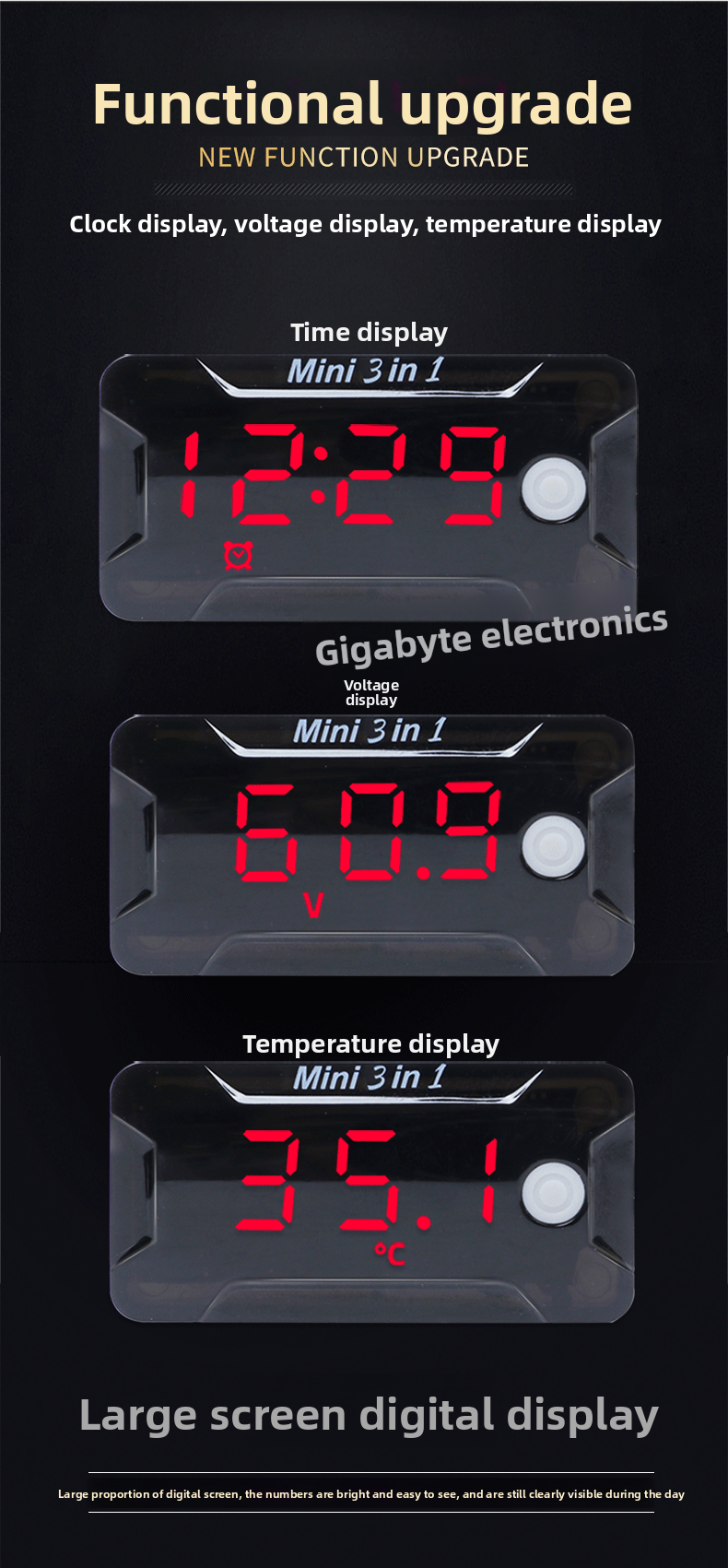 Waterproof Voltmeter Head Voltage Time Temperature Three-in-One Switch Electric Vehicle Battery Car Motorcycle Modification Accessories Time Voltage Temperature Switch-LCD Display Electric Motorcycle Universal
